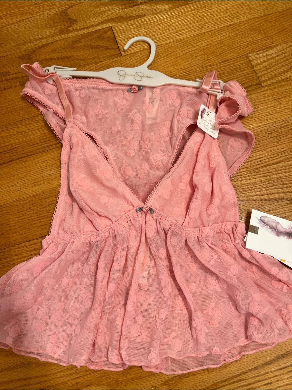 Jessica Simpson pink floral mesh lace babydoll cami and matching bikini set